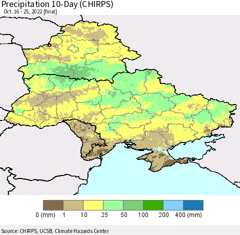 Ukraine, Moldova and Belarus Precipitation 10-Day (CHIRPS) Thematic Map For 10/16/2022 - 10/25/2022