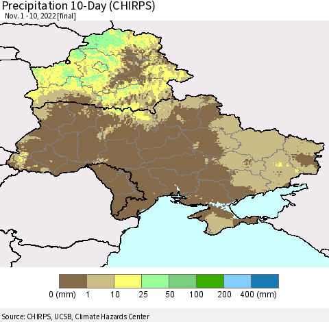 Ukraine, Moldova and Belarus Precipitation 10-Day (CHIRPS) Thematic Map For 11/1/2022 - 11/10/2022