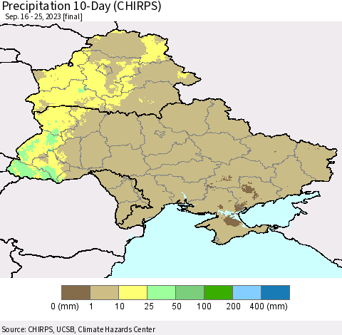 Ukraine, Moldova and Belarus Precipitation 10-Day (CHIRPS) Thematic Map For 9/16/2023 - 9/25/2023