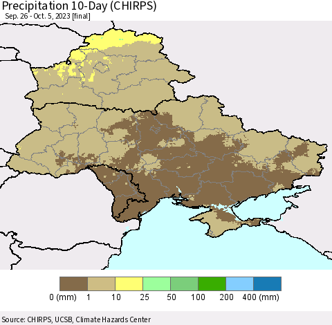 Ukraine, Moldova and Belarus Precipitation 10-Day (CHIRPS) Thematic Map For 9/26/2023 - 10/5/2023