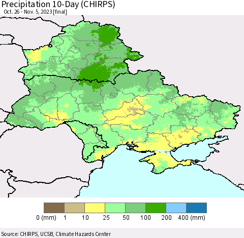 Ukraine, Moldova and Belarus Precipitation 10-Day (CHIRPS) Thematic Map For 10/26/2023 - 11/5/2023