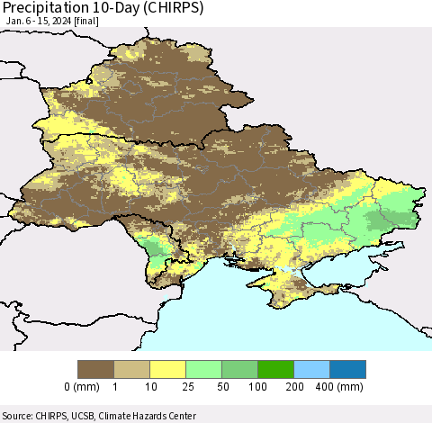 Ukraine, Moldova and Belarus Precipitation 10-Day (CHIRPS) Thematic Map For 1/6/2024 - 1/15/2024