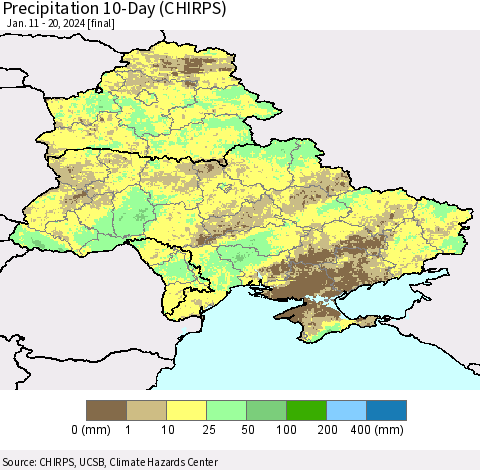 Ukraine, Moldova and Belarus Precipitation 10-Day (CHIRPS) Thematic Map For 1/11/2024 - 1/20/2024