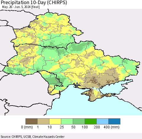 Ukraine, Moldova and Belarus Precipitation 10-Day (CHIRPS) Thematic Map For 5/26/2024 - 6/5/2024