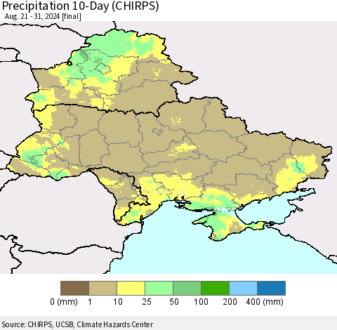 Ukraine, Moldova and Belarus Precipitation 10-Day (CHIRPS) Thematic Map For 8/21/2024 - 8/31/2024