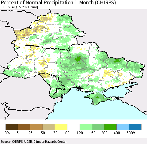 Ukraine, Moldova and Belarus Percent of Normal Precipitation 1-Month (CHIRPS) Thematic Map For 7/6/2023 - 8/5/2023