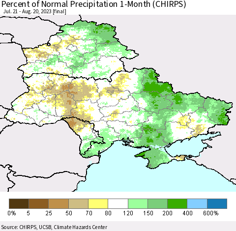 Ukraine, Moldova and Belarus Percent of Normal Precipitation 1-Month (CHIRPS) Thematic Map For 7/21/2023 - 8/20/2023