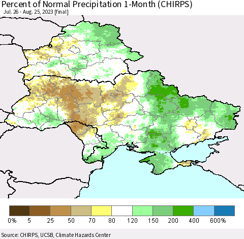 Ukraine, Moldova and Belarus Percent of Normal Precipitation 1-Month (CHIRPS) Thematic Map For 7/26/2023 - 8/25/2023