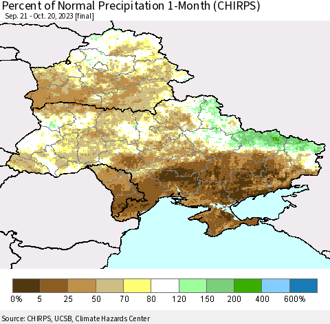 Ukraine, Moldova and Belarus Percent of Normal Precipitation 1-Month (CHIRPS) Thematic Map For 9/21/2023 - 10/20/2023