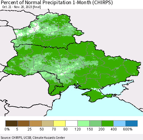 Ukraine, Moldova and Belarus Percent of Normal Precipitation 1-Month (CHIRPS) Thematic Map For 10/21/2023 - 11/20/2023