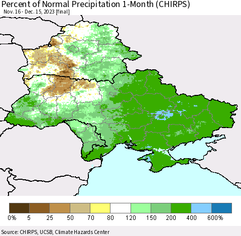 Ukraine, Moldova and Belarus Percent of Normal Precipitation 1-Month (CHIRPS) Thematic Map For 11/16/2023 - 12/15/2023