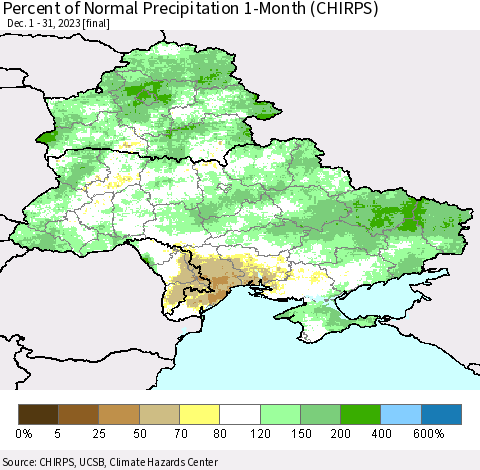 Ukraine, Moldova and Belarus Percent of Normal Precipitation 1-Month (CHIRPS) Thematic Map For 12/1/2023 - 12/31/2023
