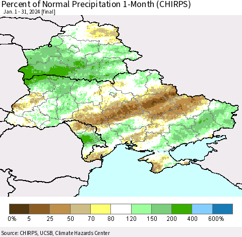 Ukraine, Moldova and Belarus Percent of Normal Precipitation 1-Month (CHIRPS) Thematic Map For 1/1/2024 - 1/31/2024