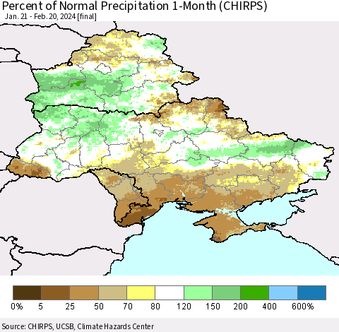 Ukraine, Moldova and Belarus Percent of Normal Precipitation 1-Month (CHIRPS) Thematic Map For 1/21/2024 - 2/20/2024