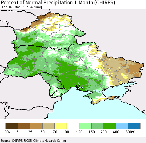 Ukraine, Moldova and Belarus Percent of Normal Precipitation 1-Month (CHIRPS) Thematic Map For 2/16/2024 - 3/15/2024