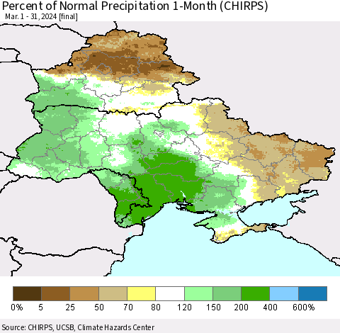 Ukraine, Moldova and Belarus Percent of Normal Precipitation 1-Month (CHIRPS) Thematic Map For 3/1/2024 - 3/31/2024