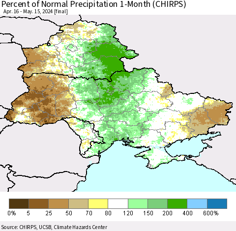 Ukraine, Moldova and Belarus Percent of Normal Precipitation 1-Month (CHIRPS) Thematic Map For 4/16/2024 - 5/15/2024