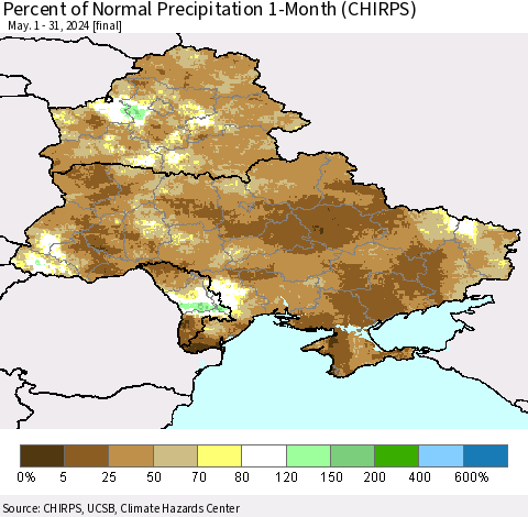 Ukraine, Moldova and Belarus Percent of Normal Precipitation 1-Month (CHIRPS) Thematic Map For 5/1/2024 - 5/31/2024