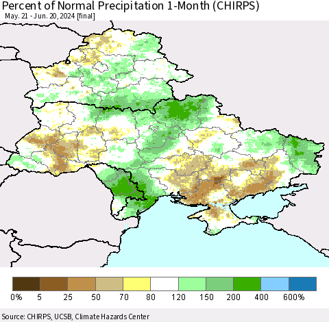 Ukraine, Moldova and Belarus Percent of Normal Precipitation 1-Month (CHIRPS) Thematic Map For 5/21/2024 - 6/20/2024