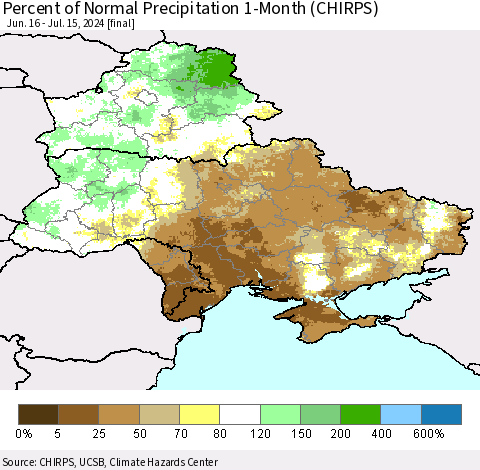 Ukraine, Moldova and Belarus Percent of Normal Precipitation 1-Month (CHIRPS) Thematic Map For 6/16/2024 - 7/15/2024