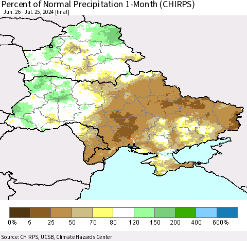 Ukraine, Moldova and Belarus Percent of Normal Precipitation 1-Month (CHIRPS) Thematic Map For 6/26/2024 - 7/25/2024