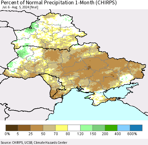Ukraine, Moldova and Belarus Percent of Normal Precipitation 1-Month (CHIRPS) Thematic Map For 7/6/2024 - 8/5/2024