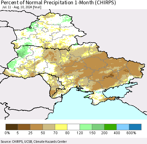 Ukraine, Moldova and Belarus Percent of Normal Precipitation 1-Month (CHIRPS) Thematic Map For 7/11/2024 - 8/10/2024
