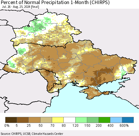 Ukraine, Moldova and Belarus Percent of Normal Precipitation 1-Month (CHIRPS) Thematic Map For 7/26/2024 - 8/25/2024