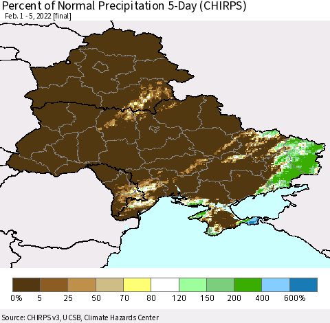 Ukraine, Moldova and Belarus Percent of Normal Precipitation 5-Day (CHIRPS) Thematic Map For 2/1/2022 - 2/5/2022