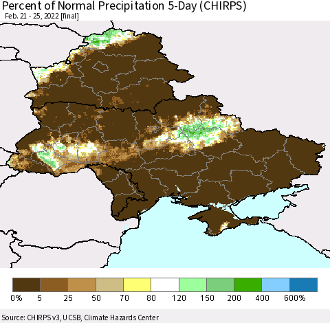 Ukraine, Moldova and Belarus Percent of Normal Precipitation 5-Day (CHIRPS) Thematic Map For 2/21/2022 - 2/25/2022