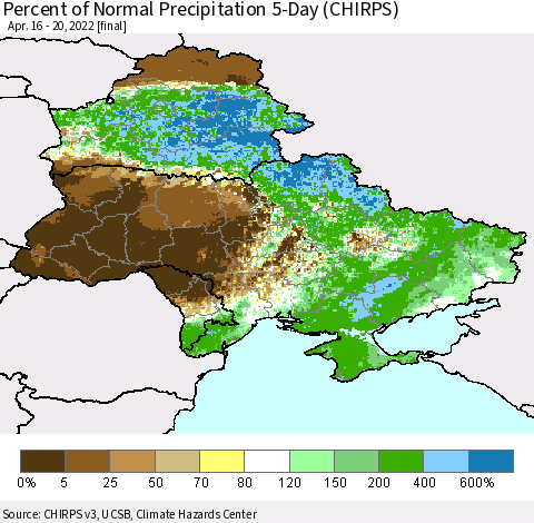 Ukraine, Moldova and Belarus Percent of Normal Precipitation 5-Day (CHIRPS) Thematic Map For 4/16/2022 - 4/20/2022