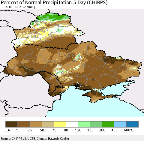 Ukraine, Moldova and Belarus Percent of Normal Precipitation 5-Day (CHIRPS) Thematic Map For 6/16/2022 - 6/20/2022