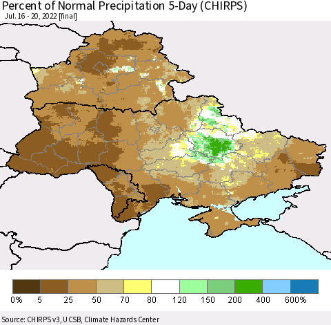 Ukraine, Moldova and Belarus Percent of Normal Precipitation 5-Day (CHIRPS) Thematic Map For 7/16/2022 - 7/20/2022