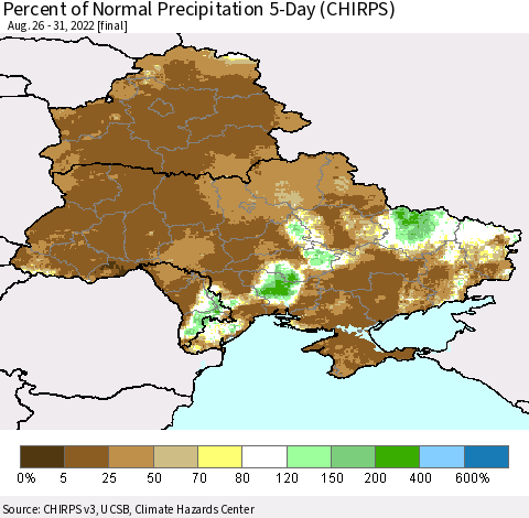 Ukraine, Moldova and Belarus Percent of Normal Precipitation 5-Day (CHIRPS) Thematic Map For 8/26/2022 - 8/31/2022