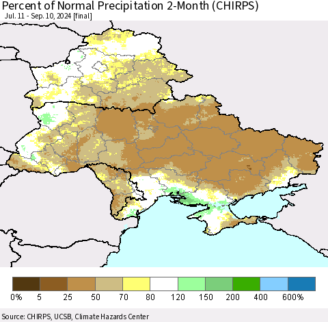 Ukraine, Moldova and Belarus Percent of Normal Precipitation 2-Month (CHIRPS) Thematic Map For 7/11/2024 - 9/10/2024