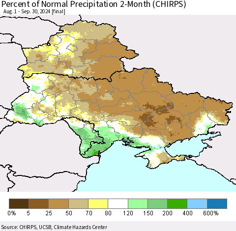 Ukraine, Moldova and Belarus Percent of Normal Precipitation 2-Month (CHIRPS) Thematic Map For 8/1/2024 - 9/30/2024
