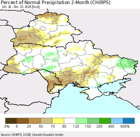 Ukraine, Moldova and Belarus Percent of Normal Precipitation 2-Month (CHIRPS) Thematic Map For 10/26/2024 - 12/25/2024
