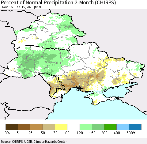 Ukraine, Moldova and Belarus Percent of Normal Precipitation 2-Month (CHIRPS) Thematic Map For 11/16/2024 - 1/15/2025