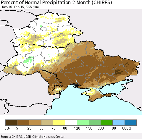 Ukraine, Moldova and Belarus Percent of Normal Precipitation 2-Month (CHIRPS) Thematic Map For 12/16/2024 - 2/15/2025