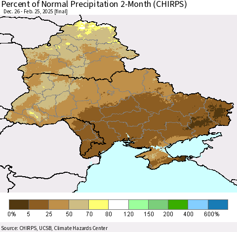 Ukraine, Moldova and Belarus Percent of Normal Precipitation 2-Month (CHIRPS) Thematic Map For 12/26/2024 - 2/25/2025
