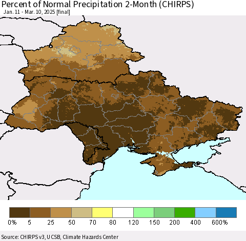 Ukraine, Moldova and Belarus Percent of Normal Precipitation 2-Month (CHIRPS) Thematic Map For 1/11/2025 - 3/10/2025