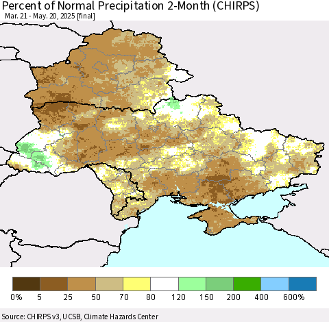 Ukraine, Moldova and Belarus Percent of Normal Precipitation 2-Month (CHIRPS) Thematic Map For 3/21/2025 - 5/20/2025