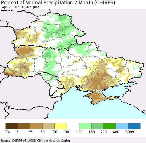 Ukraine, Moldova and Belarus Percent of Normal Precipitation 2-Month (CHIRPS) Thematic Map For 4/21/2025 - 6/20/2025