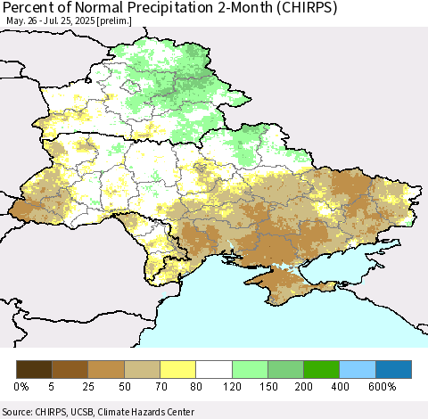 Ukraine, Moldova and Belarus Percent of Normal Precipitation 2-Month (CHIRPS) Thematic Map For 5/26/2025 - 7/25/2025