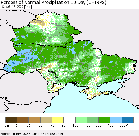 Ukraine, Moldova and Belarus Percent of Normal Precipitation 10-Day (CHIRPS) Thematic Map For 9/6/2022 - 9/15/2022