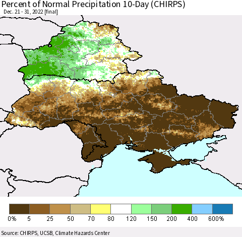 Ukraine, Moldova and Belarus Percent of Normal Precipitation 10-Day (CHIRPS) Thematic Map For 12/21/2022 - 12/31/2022