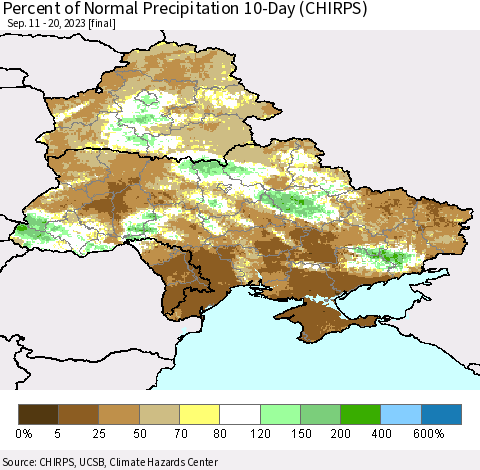 Ukraine, Moldova and Belarus Percent of Normal Precipitation 10-Day (CHIRPS) Thematic Map For 9/11/2023 - 9/20/2023
