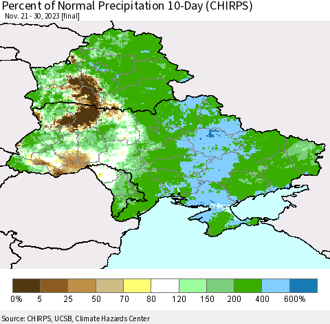 Ukraine, Moldova and Belarus Percent of Normal Precipitation 10-Day (CHIRPS) Thematic Map For 11/21/2023 - 11/30/2023