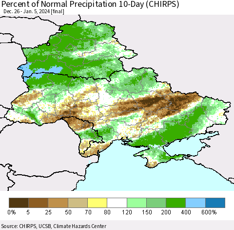 Ukraine, Moldova and Belarus Percent of Normal Precipitation 10-Day (CHIRPS) Thematic Map For 12/26/2023 - 1/5/2024