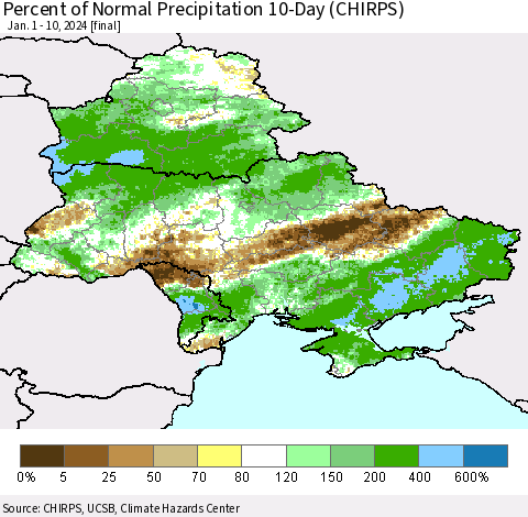 Ukraine, Moldova and Belarus Percent of Normal Precipitation 10-Day (CHIRPS) Thematic Map For 1/1/2024 - 1/10/2024